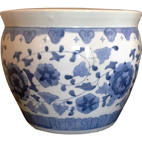 Blue White Porcelain Hand Painted Jardiniere Planter Pot Large 10 In