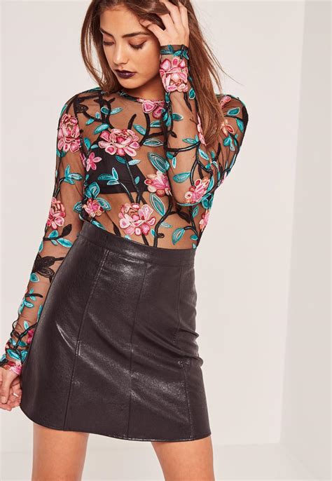 Lyst Missguided Black Floral Embroidered Lace Bodysuit In Black