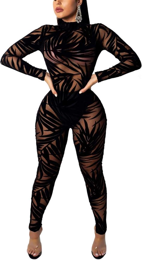 Ekaliy Women See Through Bodycon Jumpsuit Sexy Long Sleeve One Piece