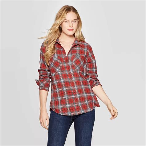 Womens Plaid Long Sleeve Cotton Flannel Shirt Universal Thread Red