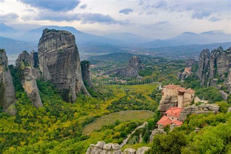 Landscape Of Monastery And Rock Formation In Meteora Greece Stock