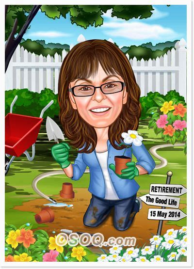 A Caricature Of A Woman Holding A Flower And Gardening Tools In Her Hand
