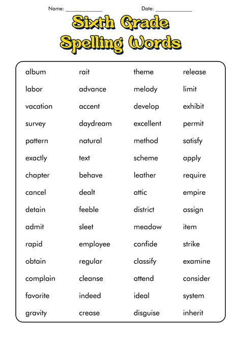 6th Grade Spelling Word Lists Hard Spelling Words 7th Grade Spelling