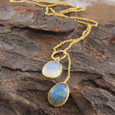 Gold Labradorite Moonstone Lariat Necklace By Embers Gemstone Jewellery