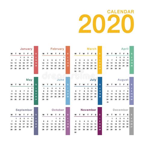 Colorful Year 2020 Calendar Vector Design Template Simple And Clean