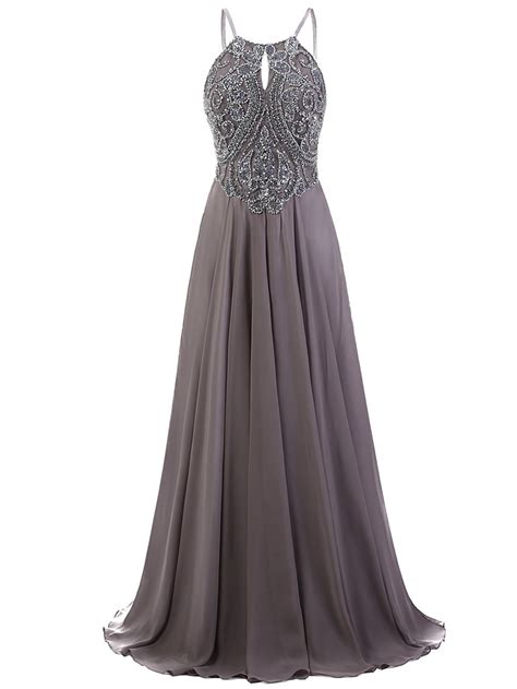 Grey Floor Length Chiffon A Line Prom Dress Featuring Beaded