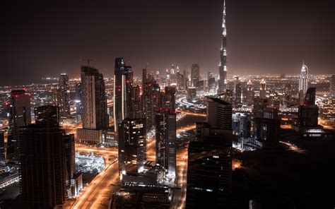 Dubai City Night Skyscrapers Lights Roads Wallpaper Travel And