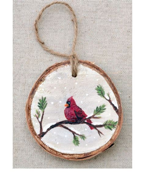 Cardinal Hand Painted Wood Slice Ornament Wooden Christmas