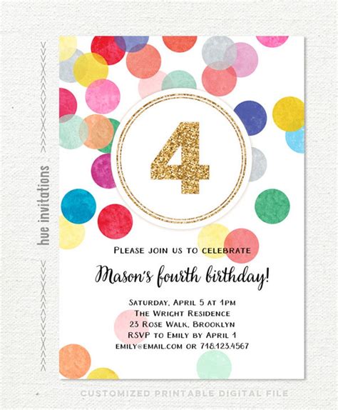 4th birthday invitation rainbow confetti gold glitter girl or etsy