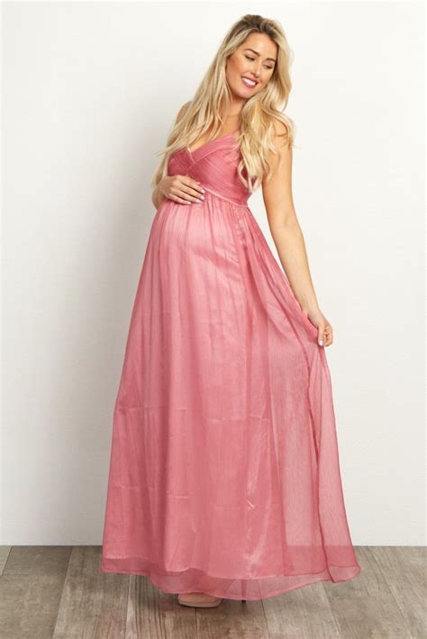 Pink Pleated Bust Chiffon Maternity Evening Gown Evening Gowns