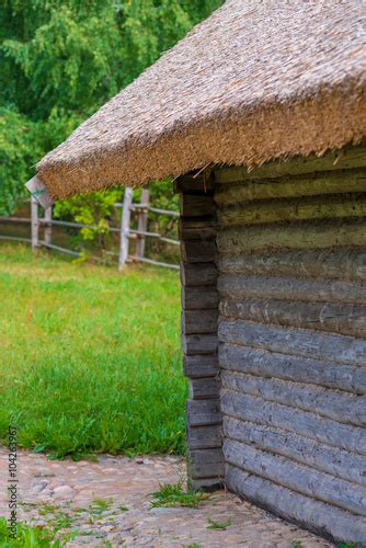 Wooden Shed In The Countryside Thatched Roof Buy This Stock Photo
