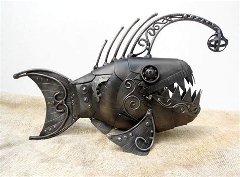 Steampunk Angler Fish Art Metal Sculpture Fish Mechanical Fish