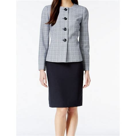 Le Suit New Blue Womens Size 4 Plaid Collarless Tweed Skirt Suit Set