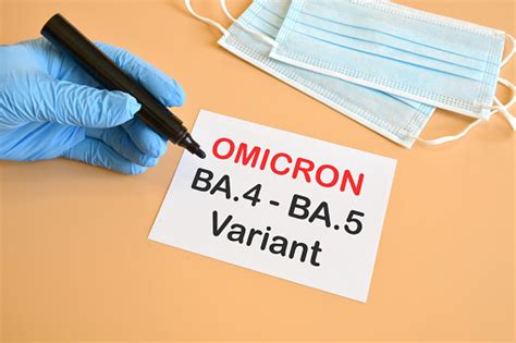 Covid19 새로운 오미크론 변종 마커가있는 파란색 장갑을 착용하고 흰색 시트에 Omicron Ba4ba5 Variant라고