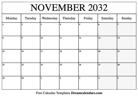 November 2032 Calendar Free Blank Printable With Holidays