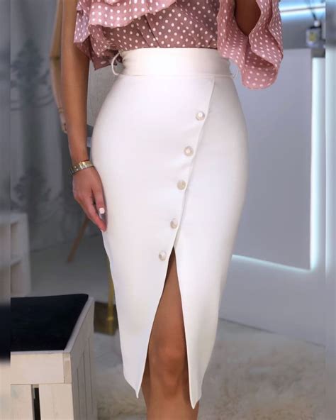 White Pencil Skirt With Slit And Decorative Buttons Bodycon Etsy