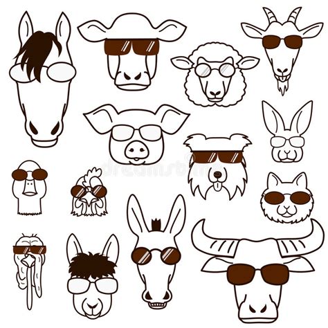 Set Of 50 Animal Faces In Cartoon Style Stock Vector Illustration Of