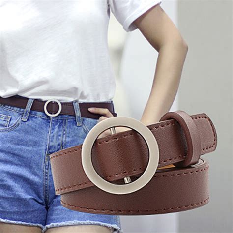 Gold Round Buckle Belts Female Casual Jean Silver Without Pin Metal Buckle Brown Faux Leather