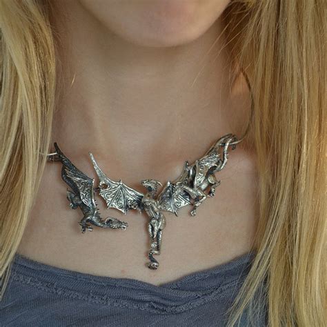 Dragon Necklace Sterling Silver Fantasy Jewelry 3 Dragon Bib Etsy