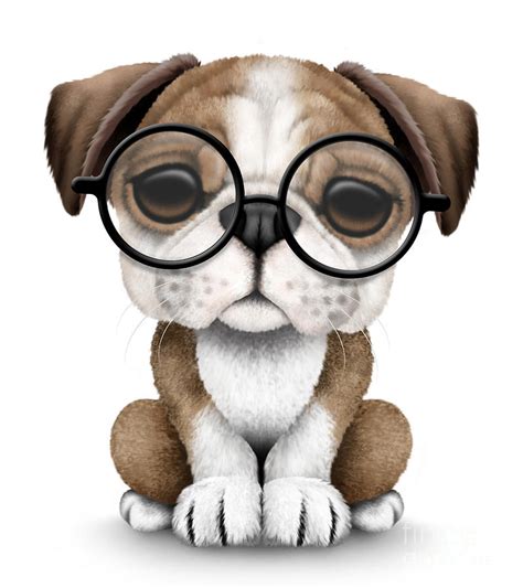 Cute English Bulldog Puppy Wearing Glasses Digital Art By