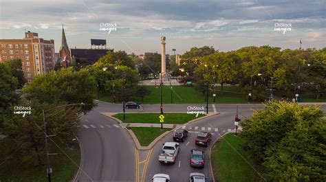Aerial Drone View Of Illinois Centennial Monument Logan Square Chicago