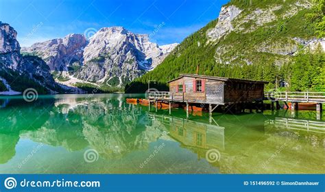 Lake Braies Also Known As Pragser Wildsee In Beautiful Mountain