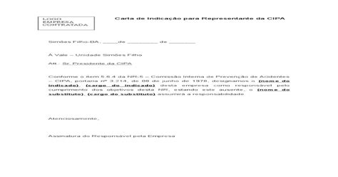 Download Pdf Modelo De Carta De Indicação Para Representante Da Cipa