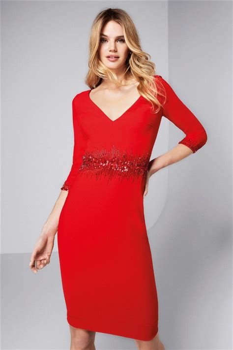 V Neck Knee Length Red Jersey Beaded Evening Prom Dress With Sleeves Short Red Prom Dresses