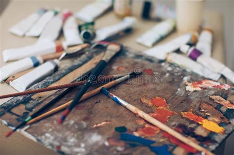 Brushes With Paints Artist Palette Closeup Stock Photo Image Of
