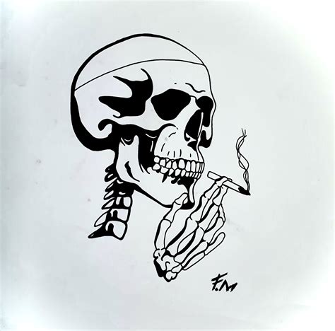 Skeleton Flash Art Tattoo Design Smoking Sheet Drawing Flash Art