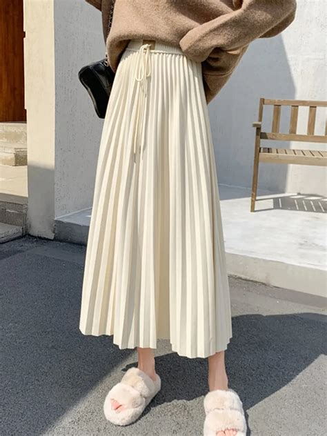 Tigena Basics All Match Long Pleated Skirt For Women Autumn Winter