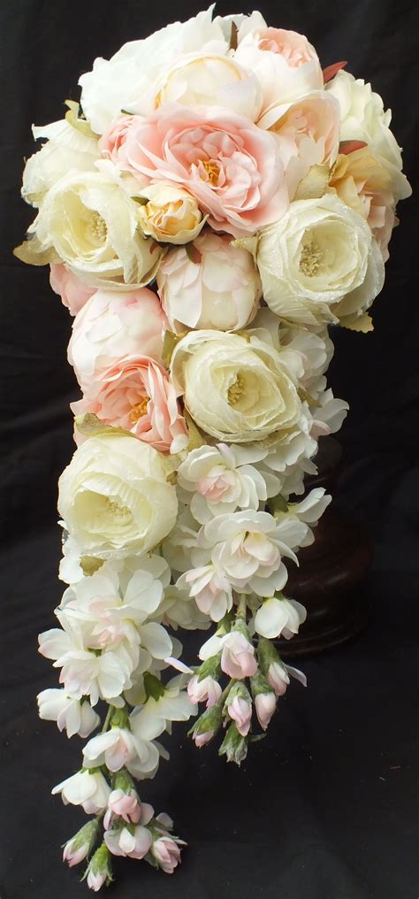 Garden Cascade Bouquet With Roses Peonies And Delphiniums In Shades