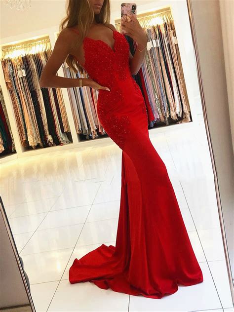 V Neck Backless Mermaid Red Lace Prom Dresses Red Mermaid Lace Formal