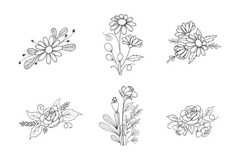 Hand Drawn Flower Bouquet Collection In Outline Style 542089