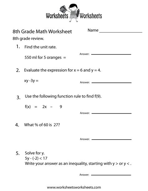 Eighth Grade Math Practice Worksheet Free Printable Educational Worksheet