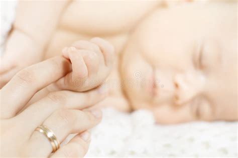 Newborn Baby Hand Holding Parent Finger Close Up Stock Photo Image