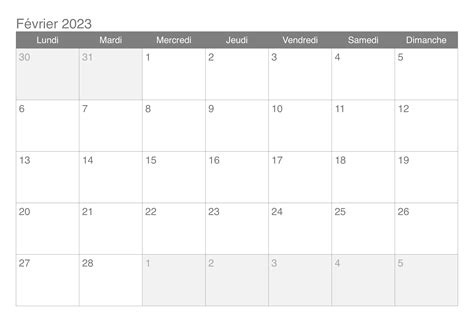Février Calendrier 2023 Imprimable Docalendario