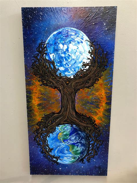 The Cosmic Tree Of Life 15x30 Original Acrylic Painting On Wood By
