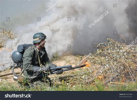 German Soldier With Flame Thrower Ww2 Reenactment In Kiev