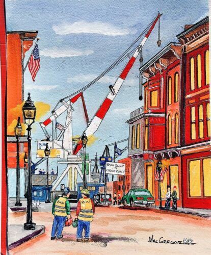 Bath Me And Biw Big Crane Watercolor Art Print Bath Iron Works Shipyard