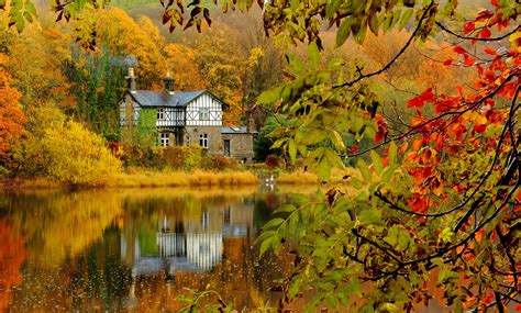 Autumn Fall Landscape Nature Tree Forest Leaf Leaves House Lake Reflection Wallpapers