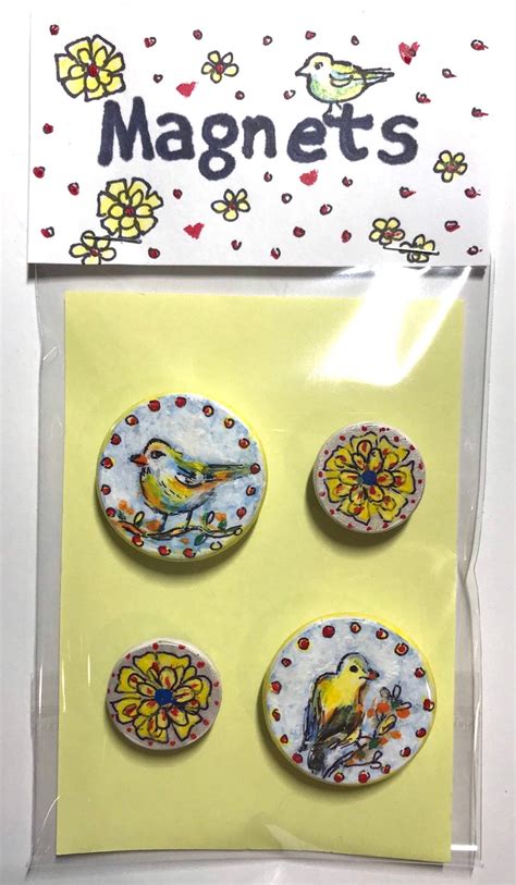 Bird Magnets Hand Painted Flower Magnets Set Of Four Etsy