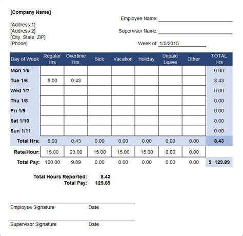 Sample Employee Timesheet