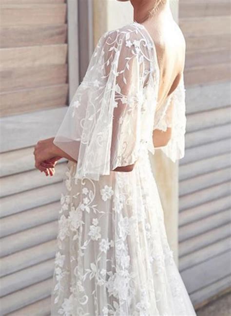 Boho V Neck Cap Sleeve Lace Beach Wedding Dress Wedding Dresses Lace