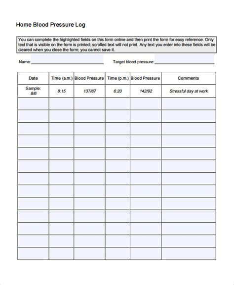 Blood Pressure Log Template 11 Free Word Excel Pdf Documents Download