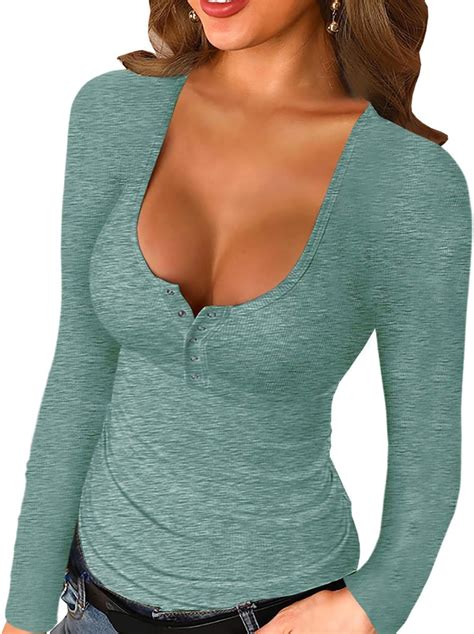 Jodimitty Womens Sexy Low Cut Button Up V Neck Long Sleeve Stretchy