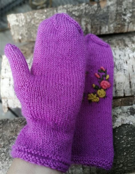 Pure Wool Mittens Purple Color Flowers Decor Mittens Etsy