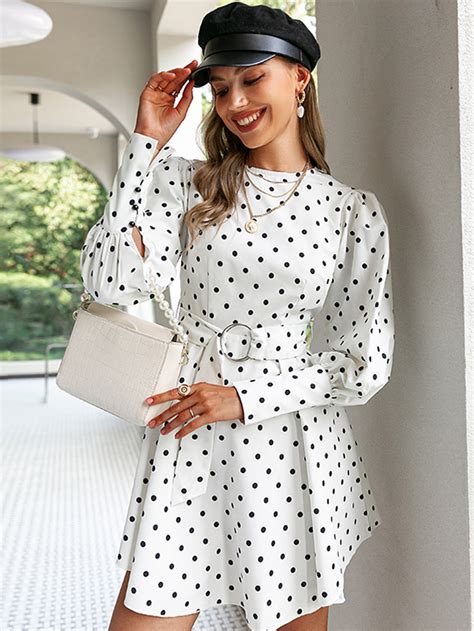 Simplee Polka Dot Print Belted Dress Shein Usa