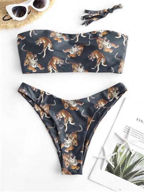 Off Zaful Tiger Print High Leg Bandeau Bikini Swimsuit In