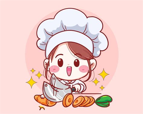 Chef Feminino Corta Cenoura Cozinhar Em Desenhos Animados De Cozinha